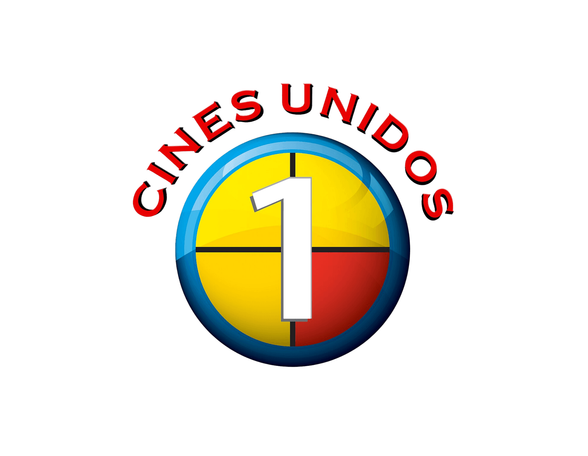 Logotipo de Cines Unidos con cÃrculo azul, fondo amarillo y rojo y el número uno.