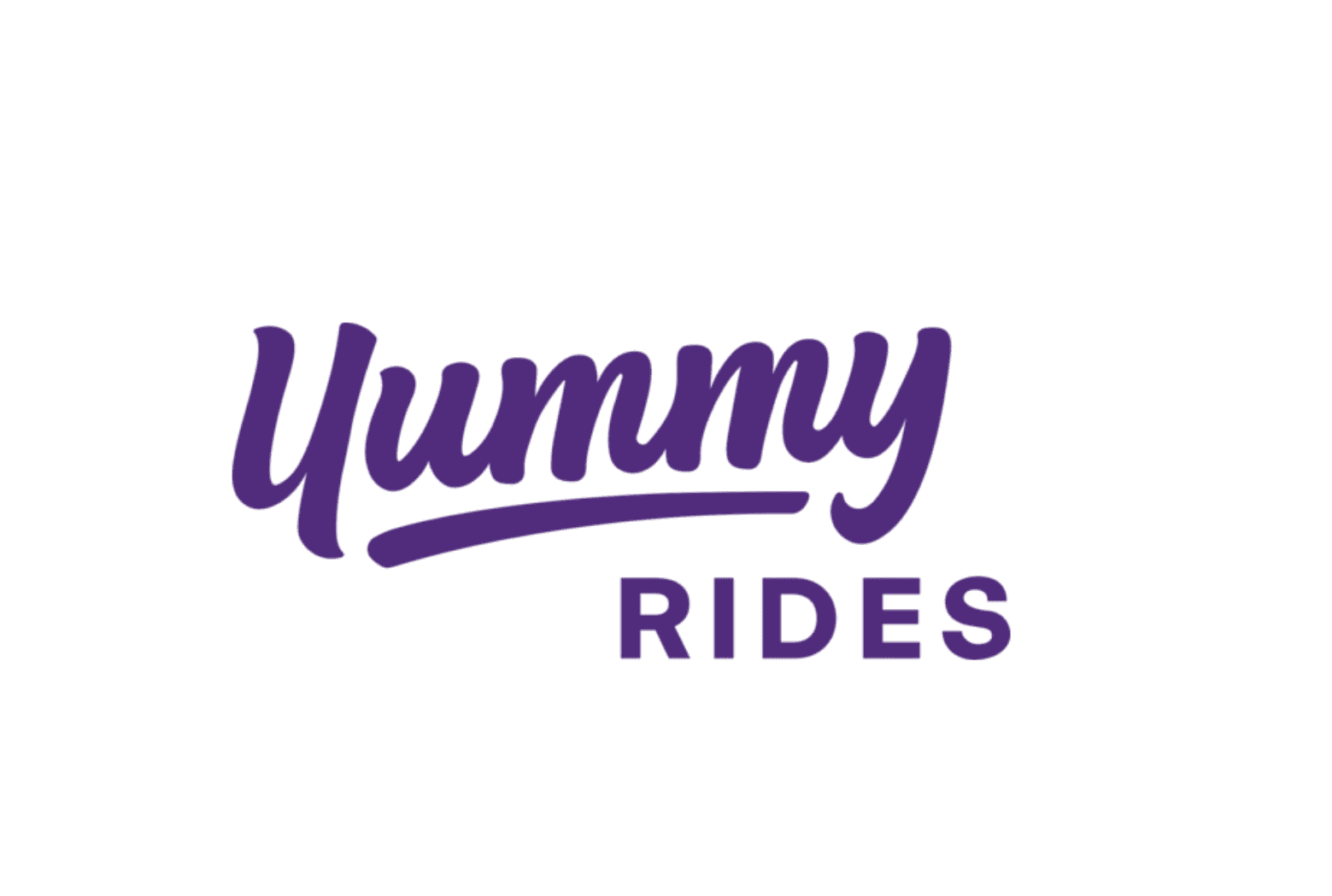 Logotipo morado de Yummy RIDES sobre fondo negro con letras cursivas y de bloque modernas.