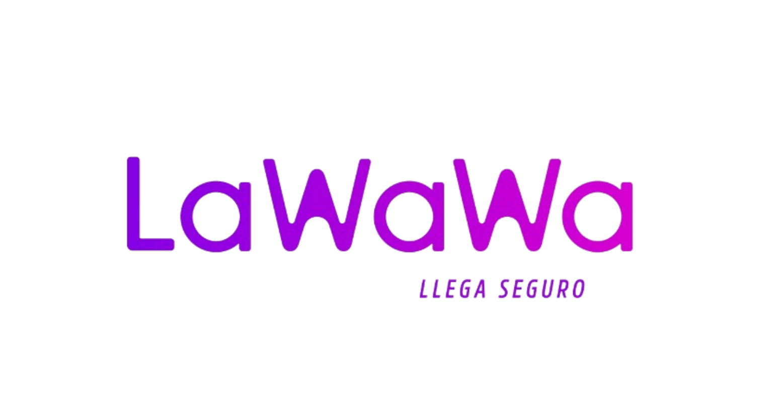 Logotipo de LaWaWa en degradado púrpura con el eslogan "LLEGA SEGURO" sobre un fondo negro.